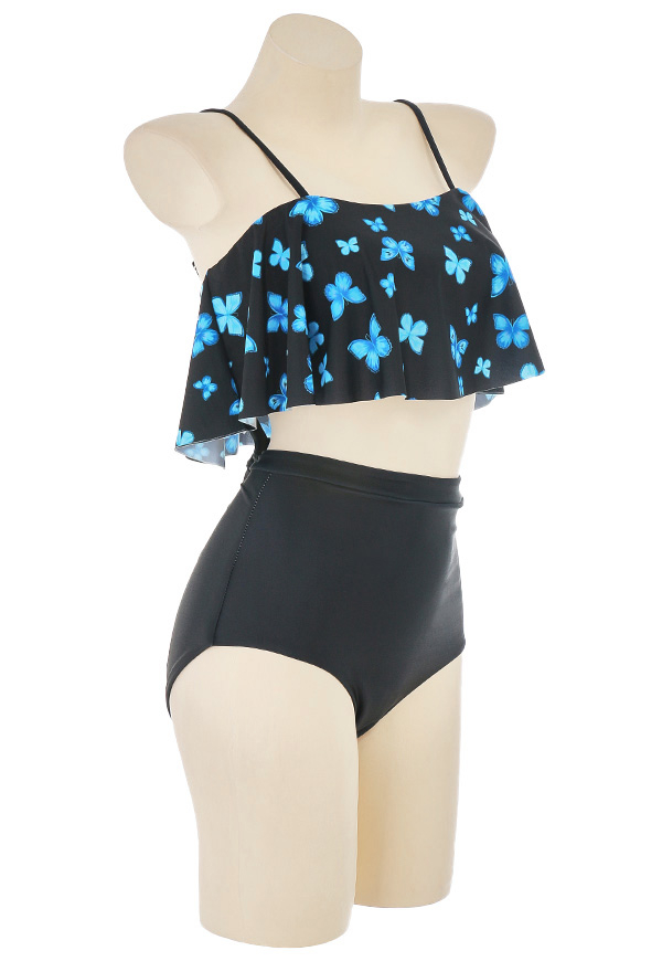 Show Me Gothic Black Dreamy Butterfly Print Ruffled High Waist Two-Piece Swimsuit