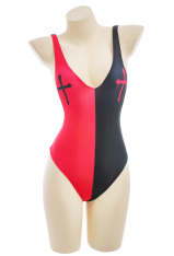 Last Dance Gothic Black and Red Cross Print Plunge One-piece Bathing Suit