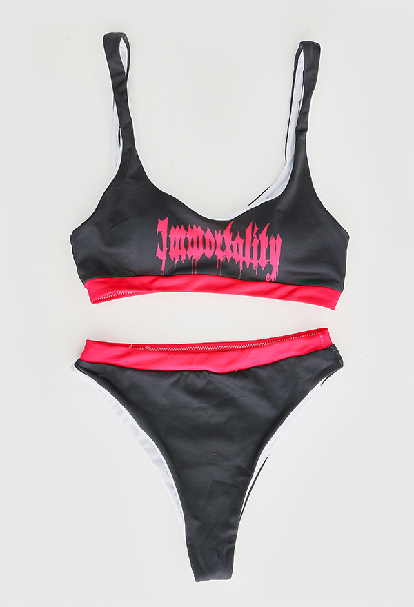 Gothic Summer Women Immortality Print Two-Piece Swimsuit Black and Red Polyester Bikini Set