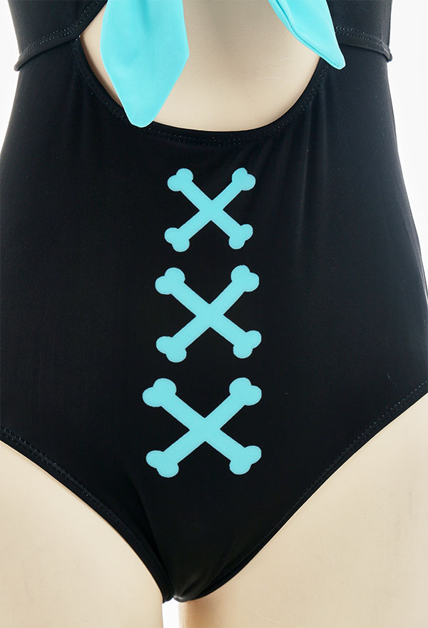 Women Stylish One-Piece Swimsuit Black Bones Print Cutout Halter Monokini Bathing Suit