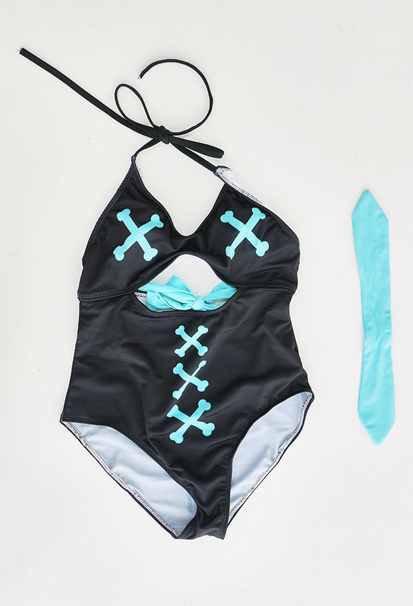 Women Stylish One-Piece Swimsuit Black Bones Print Cutout Halter Monokini Bathing Suit