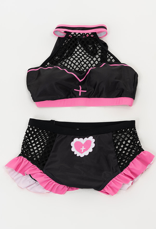 Pink Wine Gothic Pastel Nurse Style Mesh Ruffled Halter Two-Piece Bathing Suit