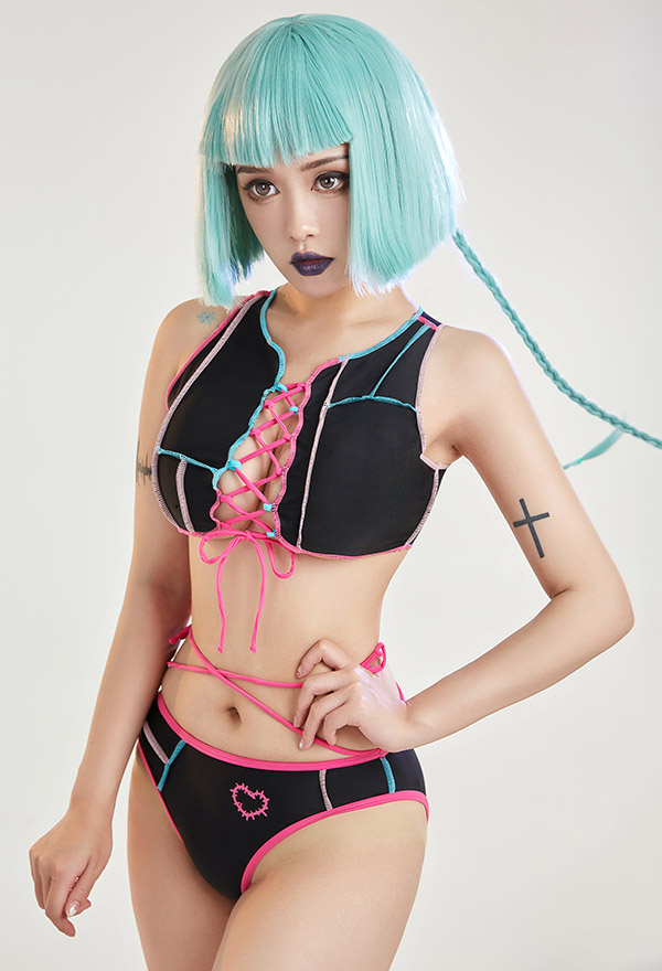 Cyber Attack Gothic Pastel Lace-Up Patchwork Two-Piece Swimsuit with Cover Up