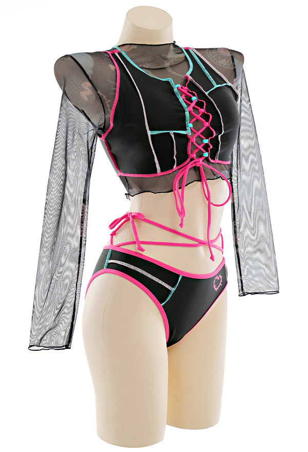 Cyber Attack Gothic Pastel Lace-Up Patchwork Two-Piece Swimsuit with Cover Up