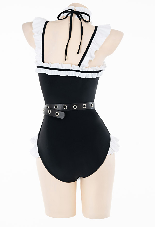 Zero Rem Women Gothic Maid Style Black Ruffled One-piece Bathing Suit