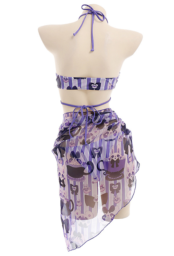 Pastel Haze Women Coffee Bear Print Halter String Bikini Set