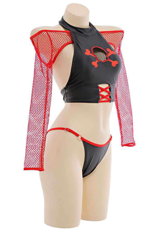 Pirate Women Gothic Black Red Skull Print Halter Two-Piece Swimsuit With Mesh Cover-Up