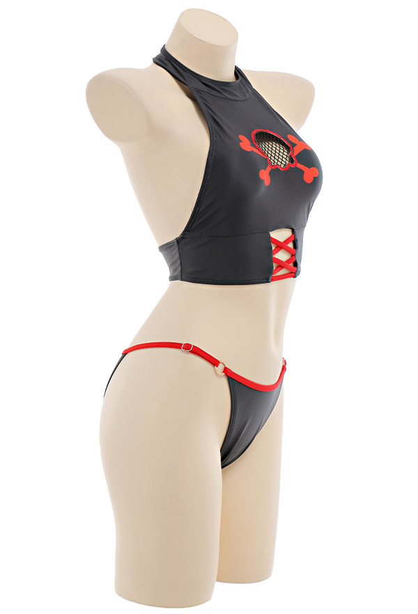 Pirate Women Gothic Black Red Skull Print Halter Two-Piece Swimsuit With Mesh Cover-Up