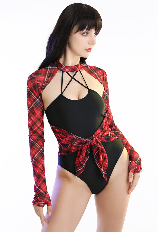 Dive in Women Punk Red Black Plaid Long Sleeve One-Piece Swimsuit