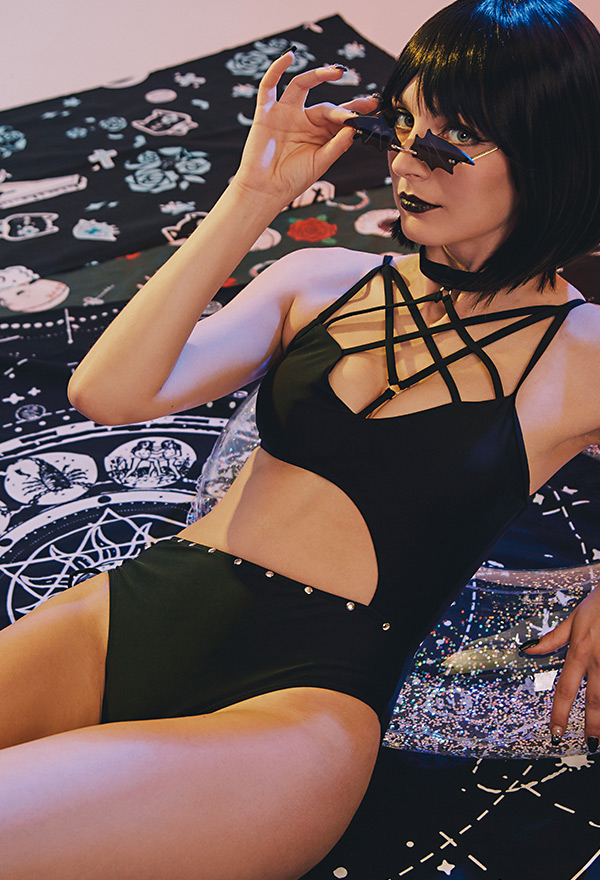 Never Over Gothic Black Pentagram Decorated Neck Cutout One-piece Bathing Suit