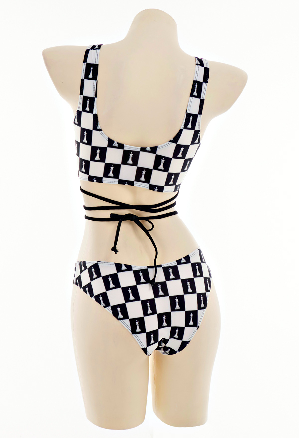 Blank Space Gothic Black and White Plaid Pattern Cross Strap Two Piece Bikini Set
