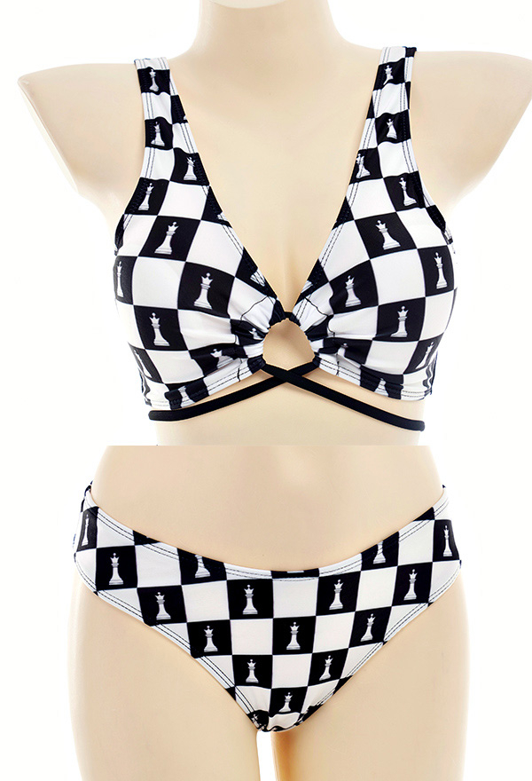 Blank Space Gothic Black and White Plaid Pattern Cross Strap Two Piece Bikini Set