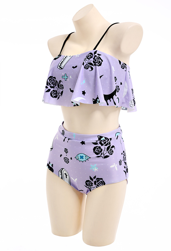 Pastel Haze Gothic Purple Floral Print Ruffled High Waist Two Piece Swimsuit