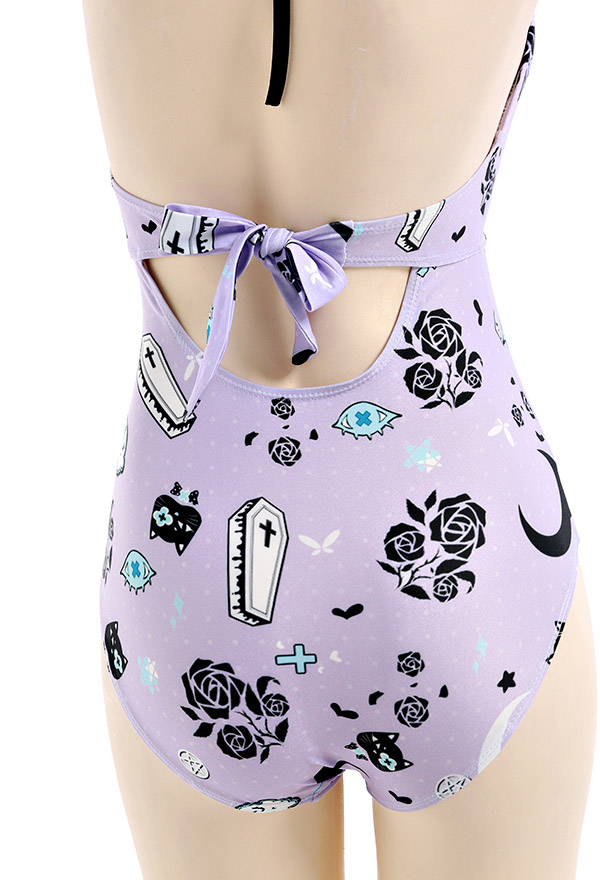 Pastel Haze Gothic Purple Print One-Shoulder High Waisted Two-Piece Swimsuit
