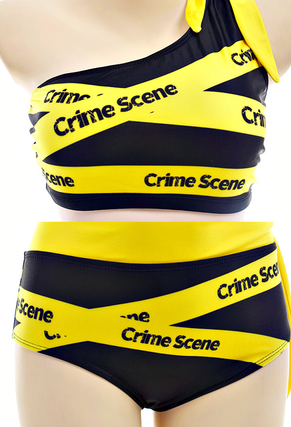 Crime Scene Gothic Warning Type Print One-Shoulder High Waisted Two-Piece Swimsuit