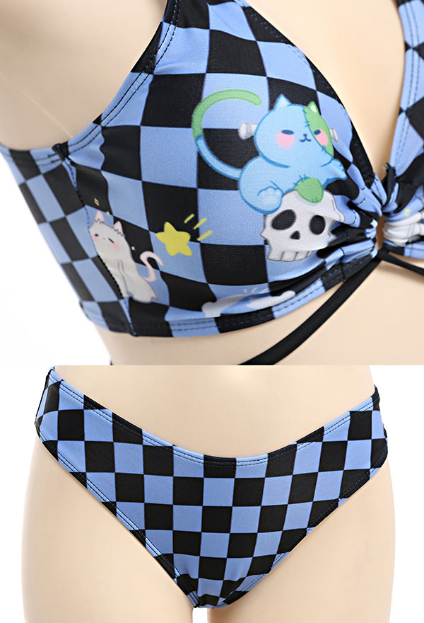 Oceans Deep Gothic Blue Plaid Skull Print Cross Strap Low Waist Bikini Set