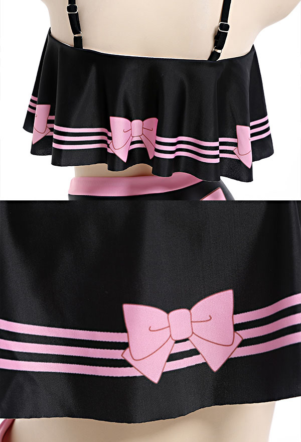 Sunday Candy Kawaii Goth Pink Bowknot Print Ruffled High Waist Two-Piece Swimsuit
