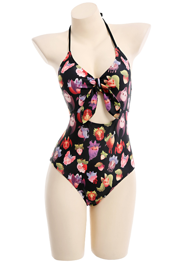 Candy Juice Gothic Devil Strawberry Print Backless Cutout Halter One-Piece Swimsuit