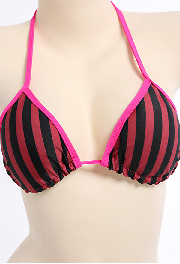 Pink Wine Draculaura Gothic Black and Pink Striped Halter String Bikini Set