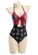 Bloody Moon Gothic Black Red Plaid Skull Cross Print Halter One-Piece Swimsuit