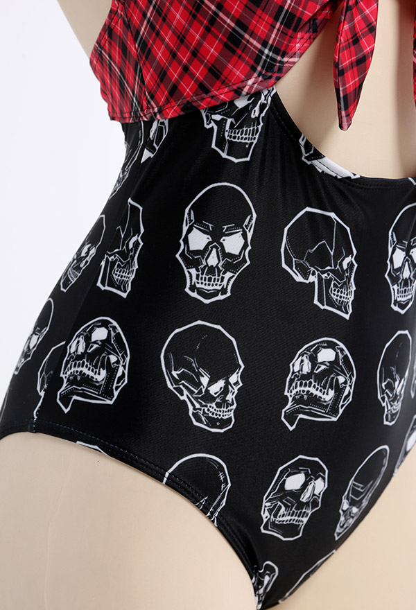 Bloody Moon Gothic Black Red Plaid Skull Cross Print Halter One-Piece Swimsuit