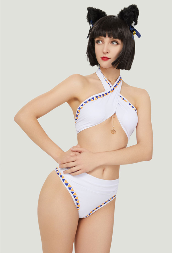 Egyptian Cat Crossover Halter Two-Piece Swimwear Swimsuit with Necklace and Cat Ear
