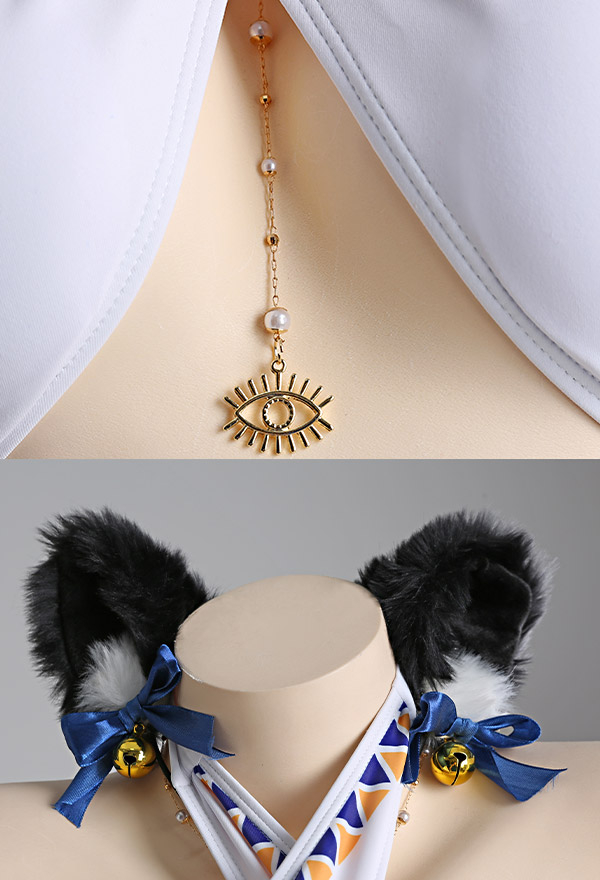 Egyptian Cat Crossover Halter Two-Piece Swimwear Swimsuit with Necklace and Cat Ear