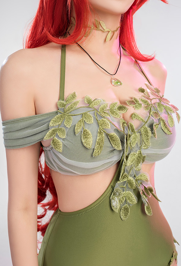 Green Leaves Waist Hollow Backless  Lace Up  One-Piece Swimsuit with Necklace