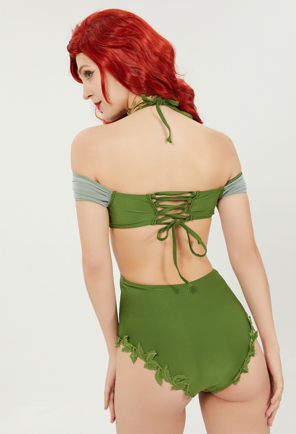 Green Leaves Waist Hollow Backless  Lace Up  One-Piece Swimsuit with Necklace