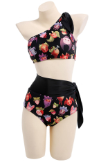 Candy Juice Gothic Black Devil Strawberry Print One Shoulder Two-Piece Swimsuit