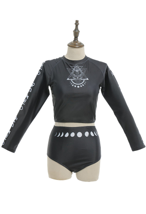 Crescent Gothic Black Long Sleeves Magic Print Two-Piece Swimsuit