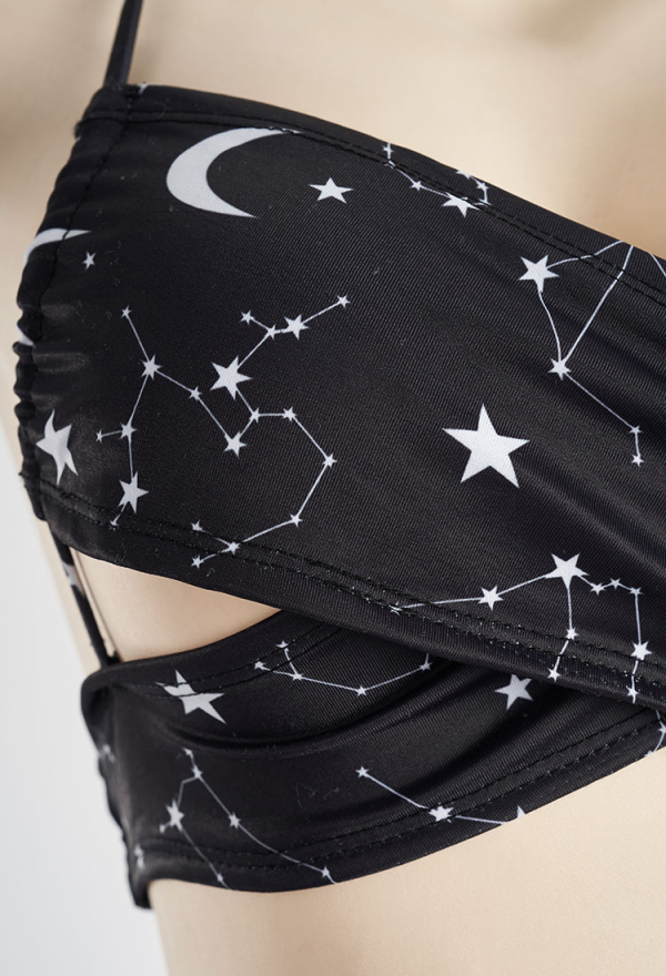 Summer Constellation Gothic Black Constellation Print Two-Piece Swimsuit with Gauze Skirt