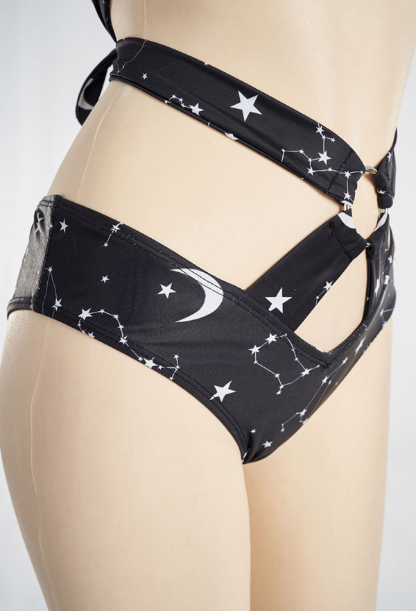 Summer Constellation Gothic Black Constellation Print Two-Piece Swimsuit with Gauze Skirt