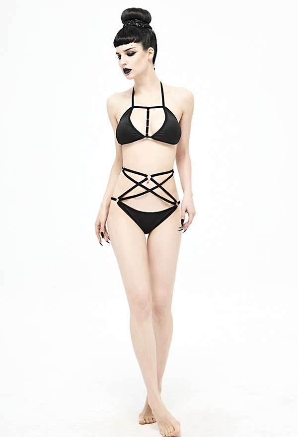 Devil Fashion Punk Gothic Swimsuit Black Halter String Tringle Top Strappy Bikini Set