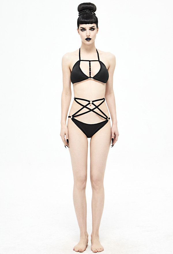 Devil Fashion Punk Gothic Swimsuit Black Halter String Tringle Top Strappy Bikini Set