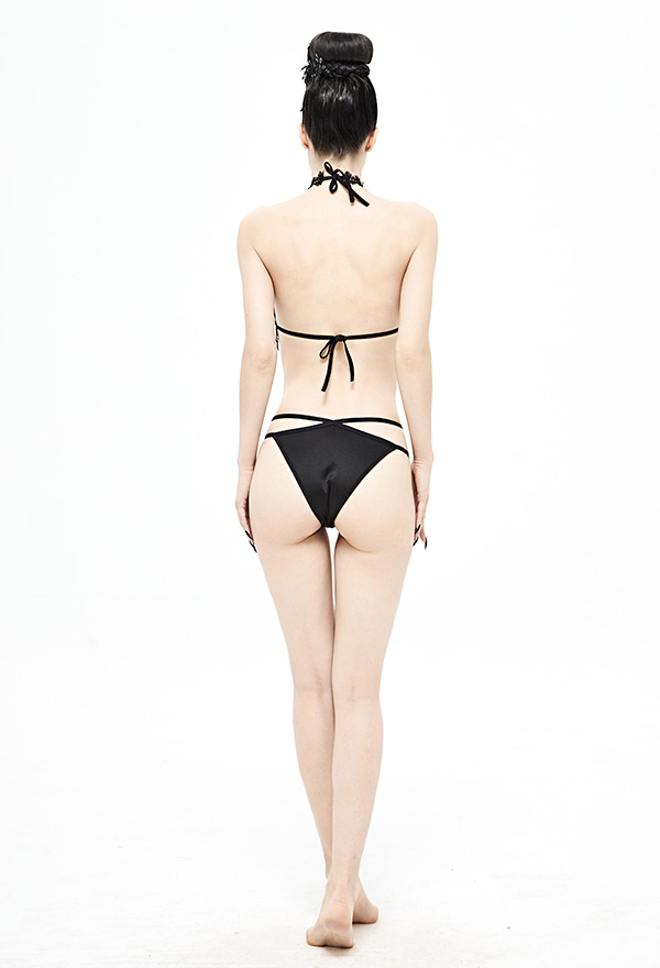 Devil Fashion Vintage Gothic Swimsuit Black Tassel Trim Back Strap Halter String Bikini Set