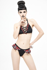 Devil Fashion School Plaid Gothic Black Red Lace-Up Ruffled Halter String Bikini Top