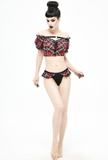 Devil Fashion Lace-Up Plaid Gothic Black Red Off Shoulder Bikini Cover Up Top