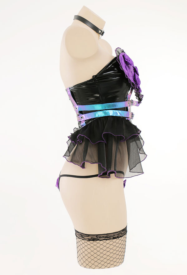 Bloom for You Gothic Purple Rose Decorated Ruffled Top and Panty Sexy Lingerie Set