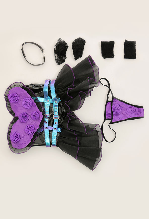 Bloom for You Gothic Purple Rose Decorated Ruffled Top and Panty Sexy Lingerie Set