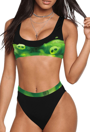 Poisonous Gothic Green and Black Skull Print High Waisted Two-Piece Swimsuit