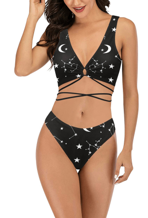 Constellation Gothic Stars and Moon Pattern Cross Lace-up Bikini Set
