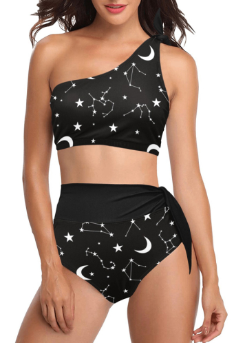 Constellation Gothic Stars and Moon Pattern One Shoulder Top High Waist Bottom Two Piece Swimsuit