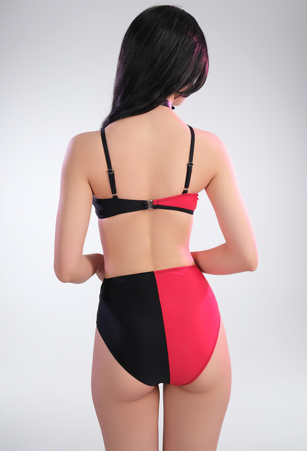Summer Crush Women Gothic Black Red Contrast Color Crossover Cutout Two Piece Swimsuit