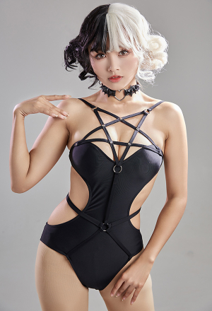 Dark Magic Gothic Pentagram Cutout One-Piece Swimsuit with Choker Lace-up Waist Hollow Bathing Suit