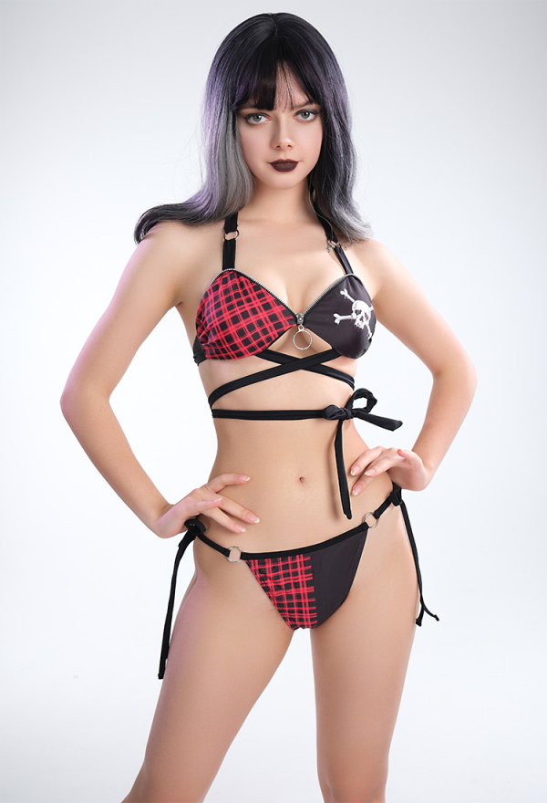 Summer Crush Gothic Red Grid Skull Pattern Strappy Two Piece Swimsuit