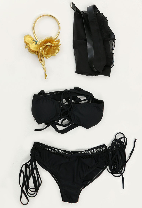 SPY House Sexy Black Lace-up Two-Piece Bathing Suit Swimwear with Chiffon wrap Skirt and Headband