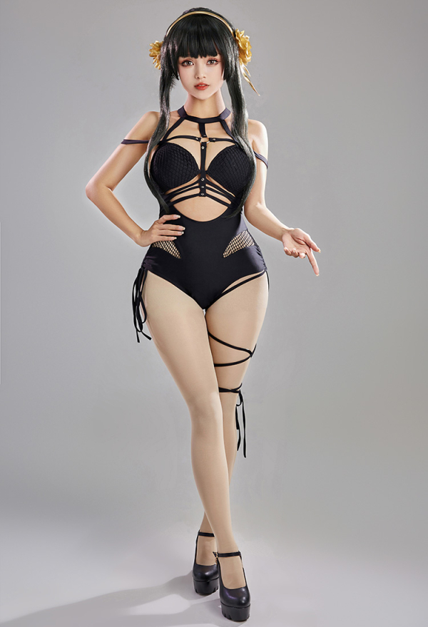 SPY House Sexy Black Halter Cutout Mesh One-Piece Swimsuit with Chiffon wrap Skirt and Headband Swimwear