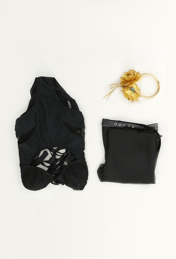 SPY House Sexy Black Halter Cutout Mesh One-Piece Swimsuit with Chiffon wrap Skirt and Headband Swimwear
