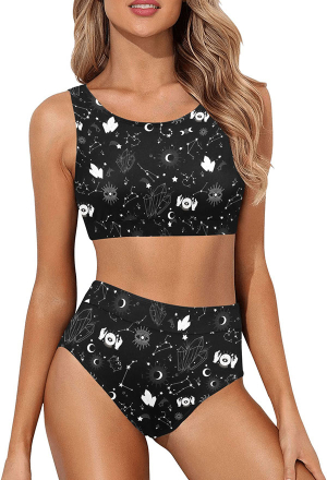 Gothic Black Witch Elements Print Top High Waist Two-piece Swimsuit